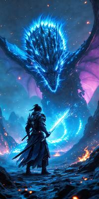 The primary subject of the image is a person, likely a warrior or a dragon rider, standing in front of a large, blue, and purple dragon. The setting appears to be a fantasy world, with the dragon as the main focus of the scene. The visual style of the image is digital art, with the dragon and the person depicted in vibrant colors, creating a sense of excitement and adventure.